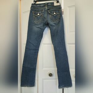 TRUE RELIGION WORLD TOUR GOLD LABEL & STITCHING LOW RISE STRAIGHT LEG JEANS, 25